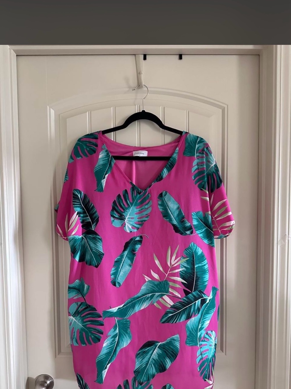 Adrienne Hot Pink Tunic with Teal Tropical Leaf Print